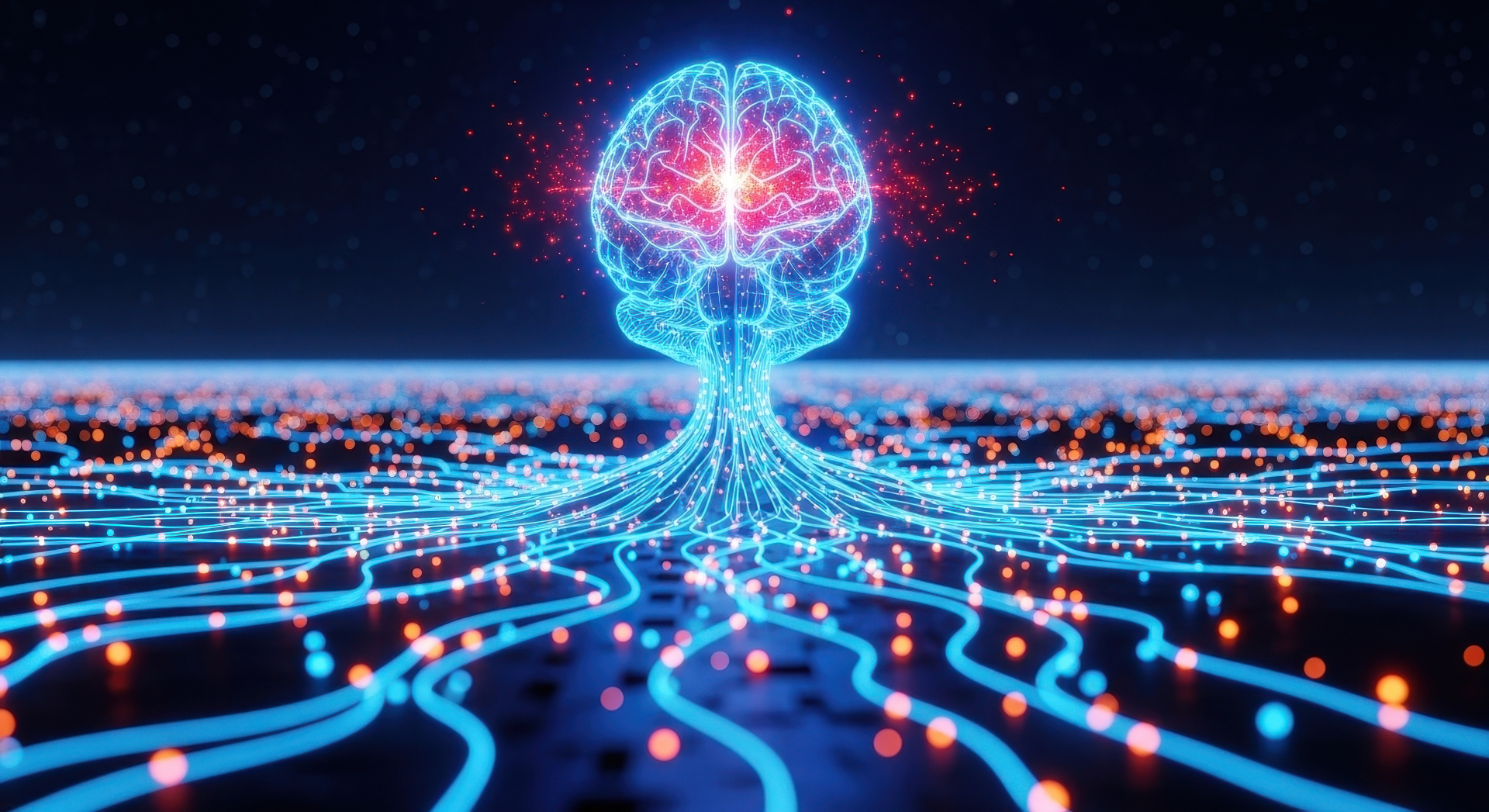 Original Adobe photograph of a blue wireframe brain with flowing light connections and warm light points